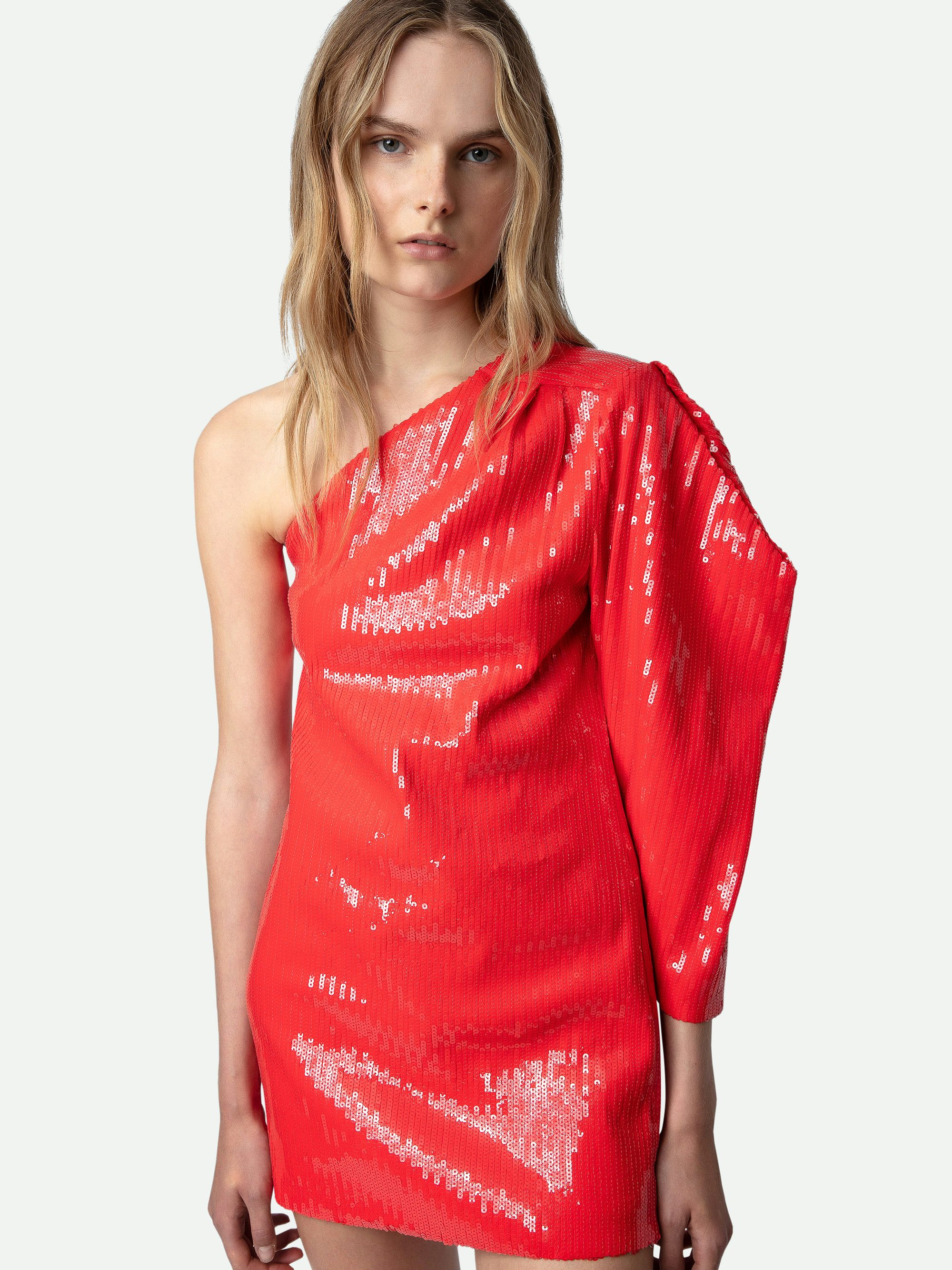 Roely Sequin Dress - Short red sequin dress with draped asymmetric sleeve.